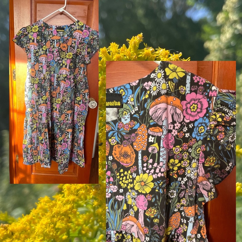 Nooworks Frida dress in Magical Mushrooms pattern